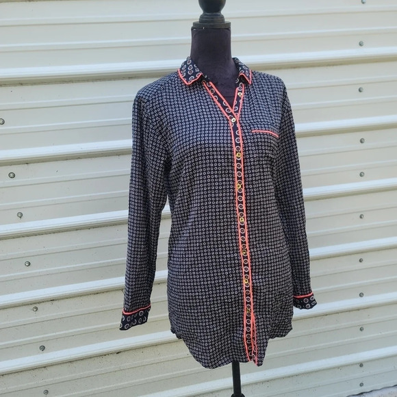 Juicy Couture Navy & Pink Long Sleeve Collared Button Front Sleep Night Shirt M - Picture 6 of 9